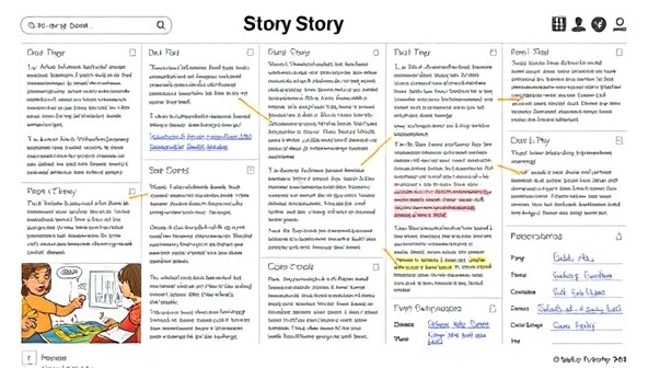 An evolving digital storyboard with multiple contributors adding text, illustrations, and annotations, symbolizing the collaborative and dynamic nature of the storytelling platform.