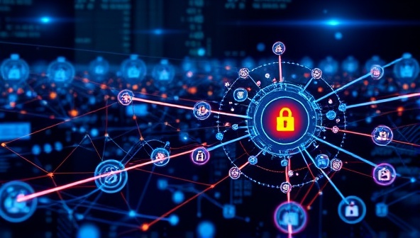 A futuristic visualization of SecureAI Sentinel in action, with a network of interconnected AI agents monitoring digital transactions in real-time, identifying and neutralizing potential fraud threats, and safeguarding the financial ecosystem with cutting-edge cybersecurity technology, symbolizing the next generation of fraud detection services.