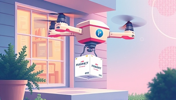 An imaginative illustration of a futuristic delivery drone dropping a PharmaBox at a customer's doorstep, showcasing the seamless and high-tech nature of E-Pharmacy Convenience Boxes.