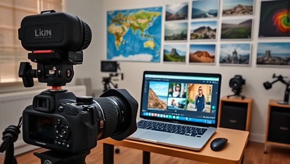 An online classroom setup with a camera, photography equipment, a laptop displaying editing software, and travel photos on the wall, creating an inspiring and educational environment for learning photography skills.