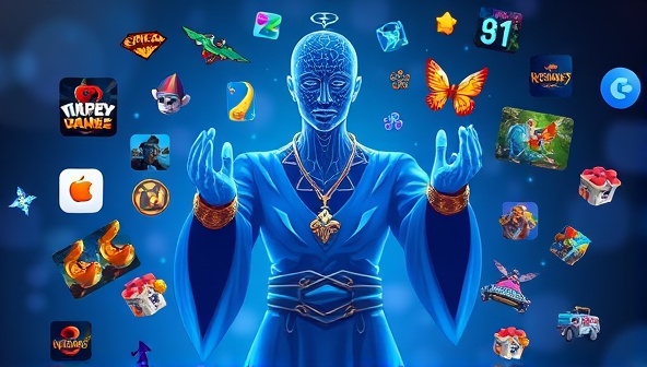 An artistic representation of a digital genie character (AI) surrounded by floating game icons and personalized game recommendations, visually illustrating the magical and tailored experience of using the GameGenie AI platform.