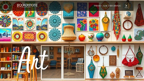 An artistic marketplace homepage design featuring a vibrant display of handmade crafts, colorful artworks, intricate jewelry pieces, and unique home decor items, creating a visual feast for art enthusiasts and creative souls seeking inspiration and authentic creations.