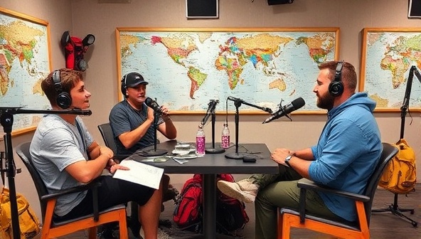 A dynamic and energetic image depicting a podcast recording studio setup with microphones, soundproofing panels, and hosts engaged in lively discussions about travel adventures, surrounded by maps, backpacks, and outdoor gear, capturing the essence of exploration and storytelling.