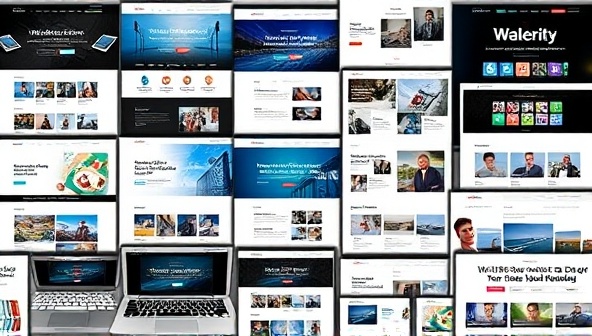 An artistic collage of various website templates displayed on different devices like laptops, tablets, and smartphones, showcasing the diversity and creativity of designs available on the marketplace.
