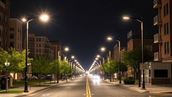 An urban nightscape transformed by BrightPath Solutions' LED street lighting retrofits, showcasing well-lit streets with energy-efficient illumination and reduced light pollution, creating a safer and more sustainable environment for residents and visitors.