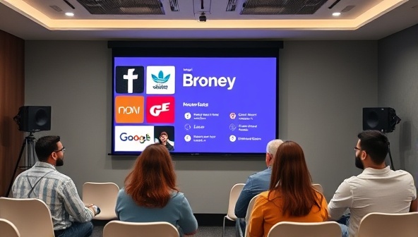 A virtual branding workshop setup with a dynamic presentation screen showcasing brand identity examples, interactive polls, and engaged participants from different startups, reflecting a collaborative and informative virtual learning environment for branding development.