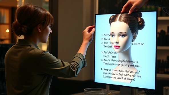 An engaging image featuring a hairstylist demonstrating a trendy hairstyle on a mannequin head, with step-by-step instructions displayed on the screen, encouraging participants to follow along and practice the hairstyle at home.