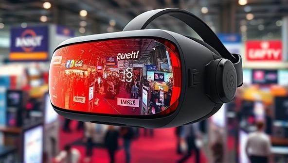 An artistic visualization of a virtual reality headset projecting a lifelike representation of a bustling trade show floor, with digital brand logos and interactive elements, illustrating the immersive marketing potential of VR technology.