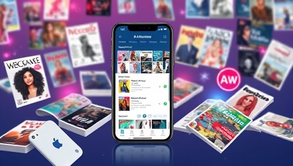 An innovative digital illustration depicting a smartphone screen displaying a personalized magazine selection with AI-powered recommendations, surrounded by virtual magazine covers and reading options, illustrating the convenience and customization of the service.