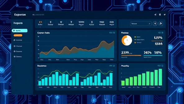 An illustrative image of a modern dashboard displaying expense data graphs and charts, with AI algorithms running in the background, symbolizing efficiency and data-driven insights.