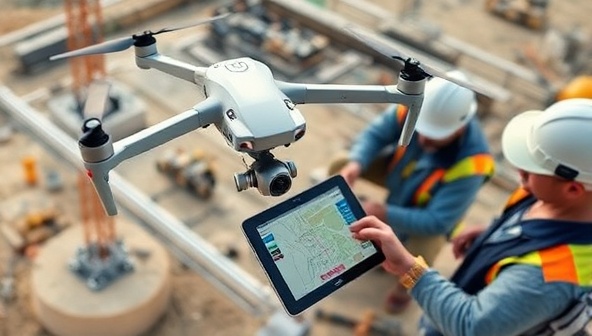 A drone hovering over a construction site, capturing detailed aerial footage and topographic data, with construction workers and project managers analyzing the survey results on a digital tablet, showcasing the precision and effectiveness of SkySurvey Construction's drone-based surveying services.
