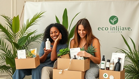 An artistic representation of the sustainable influencer gifting platform, featuring influencers unboxing eco-friendly products against a backdrop of lush greenery and eco-conscious branding, conveying a message of sustainability and ethical consumerism.