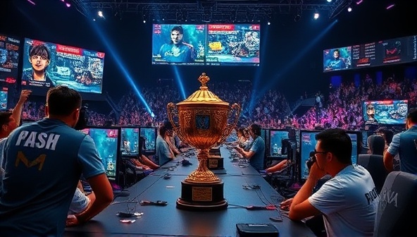 An intense gaming tournament scene with multiple players competing on-screen, spectators cheering in the background, and a trophy symbolizing victory, capturing the competitive and exciting atmosphere of esports competitions.