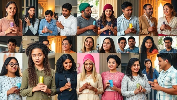 A vibrant collage of diverse local influencers showcasing different products in a community setting, highlighting authenticity and local connection.
