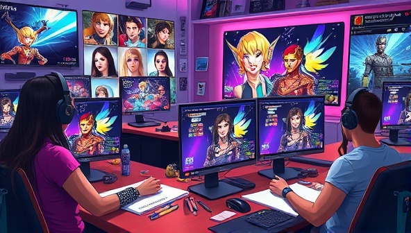 An artistic representation of a virtual gaming cosplay studio with digital artists creating custom avatar designs on computer screens, surrounded by colorful concept art, stylus pens, and gaming-inspired artwork, illustrating the creativity and customization options available at Avatar Artistry Studio.