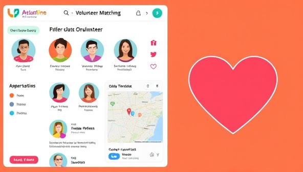 A digital interface showcasing a user-friendly volunteer matching platform with colorful profiles of volunteers and organizations, interactive maps displaying available opportunities, and a heart symbolizing the spirit of volunteering, fostering a sense of connection and community impact.