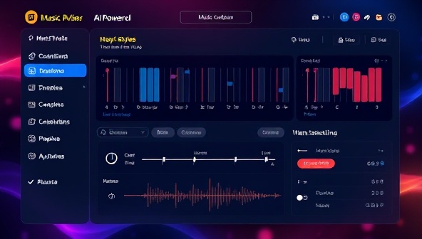 An artistic visualization of an AI-powered music composer interface displaying various music styles, mood settings, and instrument options, generating a personalized music track in real-time, highlighting the platform's innovation in music creation.