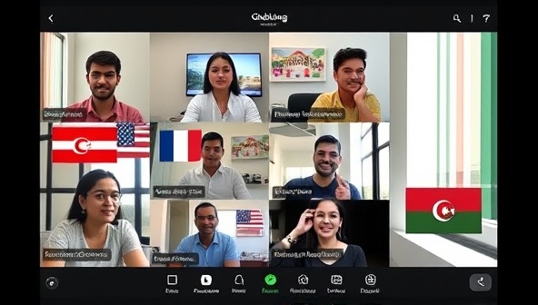 An engaging virtual language exchange session depicted through a split-screen image showing users from different countries engaged in friendly language conversations, capturing the essence of global connections and cultural exchanges on GlobaLingo Connect.