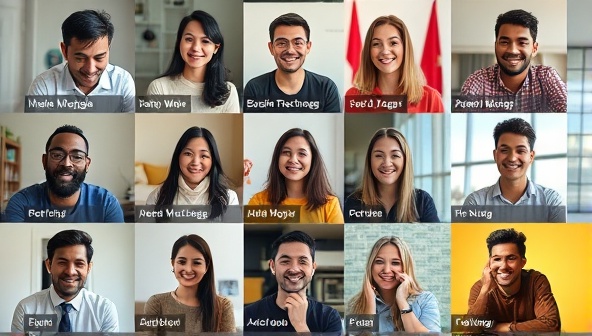 A diverse group of individuals from different cultures engaging in a virtual language exchange session, each sharing phrases and practicing pronunciation in a collaborative and supportive environment, promoting cultural exchange and language mastery.