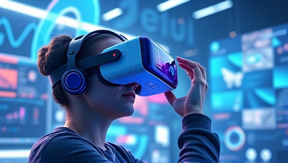 An artistic rendering of a person wearing a VR headset, exploring a visually stunning web design prototype in a virtual environment, surrounded by futuristic digital elements, conveying the immersive and interactive nature of VRWeb Impressions.