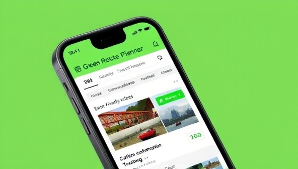 A mobile phone screen displaying the Green Route Planner app interface with eco-friendly travel options, sustainable accommodation choices, and carbon footprint tracking features, symbolizing responsible travel planning at your fingertips.