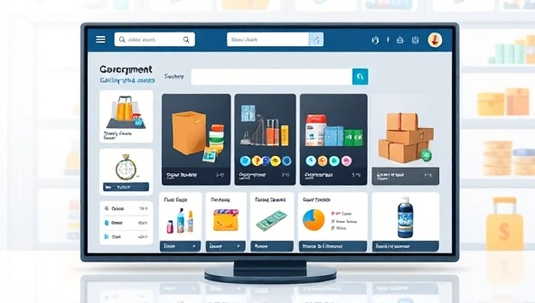 An online marketplace interface displaying a variety of products and services available for government procurement, with a user-friendly design showcasing efficiency and transparency in transactions.