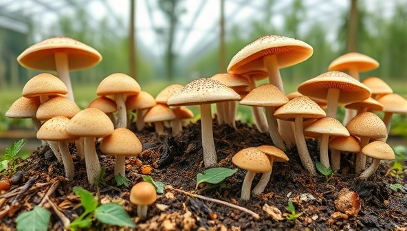 An artistic representation of a sustainable mushroom farm where mushrooms grow on nutrient-rich compost piles made from recycled agricultural waste, showcasing the eco-friendly cultivation process of EcoFungi Farms.