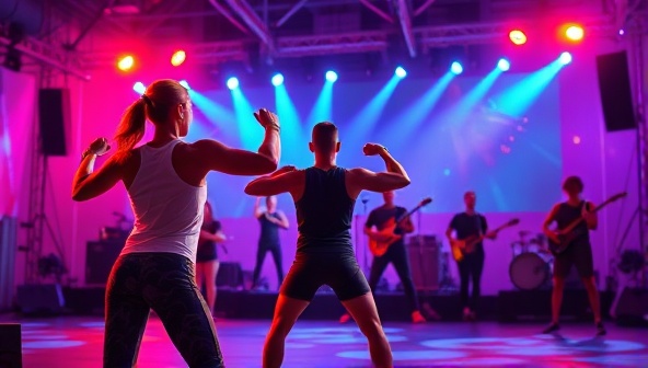 A dynamic digital illustration of a fitness instructor leading a workout session with a live concert stage in the background, showcasing the energy and excitement of combining fitness and music in a virtual setting.