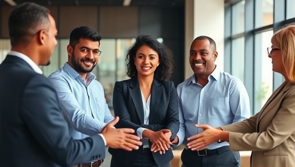 A diverse group of professionals in a corporate setting engaging in a team-building exercise that promotes inclusivity and cultural understanding, reflecting the essence of diversity and inclusion training for corporate teams.