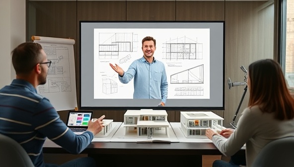 A virtual meeting setup with an architect discussing architectural plans on a shared screen, surrounded by design sketches, blueprints, and a model of a building, illustrating professional consultancy services and collaboration.