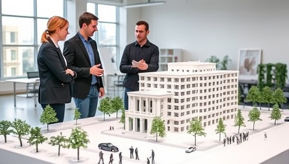 A design studio with architects reviewing a large 3D printed model of a building project, surrounded by miniature trees, cars, and figures, illustrating the detailed and realistic presentation quality achieved by PrintPerfect Plans' architectural model services.