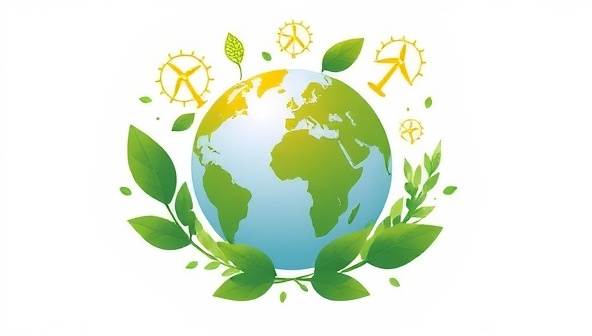 An illustration of a globe surrounded by green leaves and renewable energy symbols, representing a sustainable world and eco-friendly business practices.