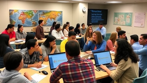 A dynamic classroom setting with diverse participants actively engaged in group discussions, brainstorming sessions, and hands-on digital marketing exercises, reflecting a collaborative and interactive learning environment.