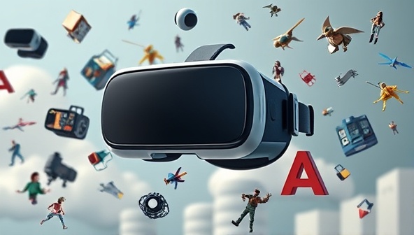 An imaginative VR headset surrounded by floating elements of different VR environments and characters, creating a surreal and immersive scene that captures the essence of VRChronicles' virtual reality storytelling platform.