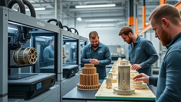 An advanced 3D printing facility featuring specialized printers producing intricate mining tools and components, with engineers inspecting the printed parts for quality and precision, highlighting the innovative manufacturing process of PrintMine Innovations.