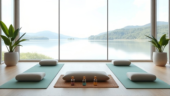 An online wellness retreat setup with a serene virtual background, yoga mats, meditation cushions, and essential oils, creating a tranquil and inviting atmosphere for relaxation and rejuvenation.