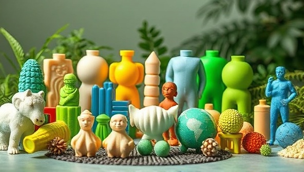 An array of colorful 3D printed objects made from biodegradable materials, surrounded by green plants and natural elements, emphasizing sustainability and innovation in manufacturing.