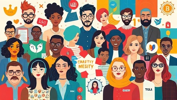 A vibrant and modern collage featuring diverse individuals with unique personal brands, intertwined with symbols of creativity, innovation, and digital media, reflecting individuality and the power of personal branding.