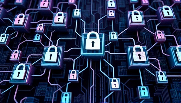 An intricate digital network of interconnected blocks representing secure audit verification processes, with locks and chains symbolizing data integrity and transparency, conveying trust and reliability.