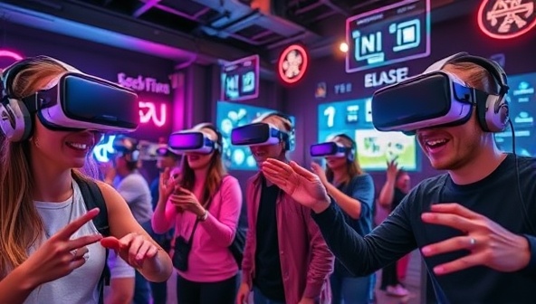 An exciting virtual reality scene with players wearing VR headsets, interacting with digital puzzles and clues in a futuristic escape room setting, capturing the thrill and intensity of the gameplay.