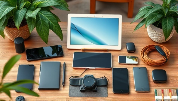 An aesthetically pleasing image featuring a collection of stylish and sustainable tech gadgets arranged on a wooden table, surrounded by greenery and natural elements, highlighting the fusion of technology and eco-friendliness.