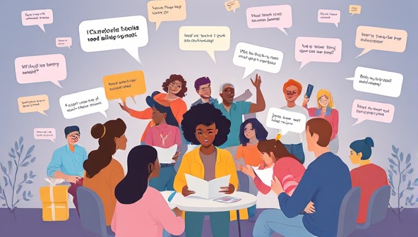 A digital art piece depicting diverse characters engaged in a virtual storytelling session, surrounded by floating text bubbles representing different story choices and outcomes, illustrating creativity and collaboration.