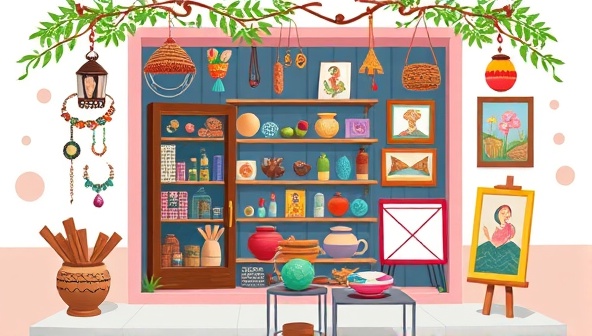 A visually appealing digital marketplace featuring a variety of artisanal products such as handmade jewelry, pottery, textiles, and paintings, displayed in a virtual storefront setting with vibrant colors and artistic elements, inviting customers to explore and discover unique creations.