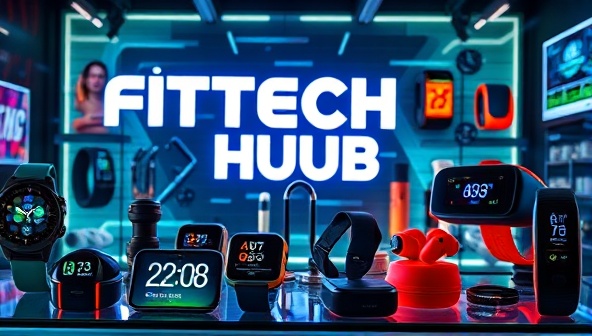 An innovative display of fitness tech gadgets such as smartwatches, wireless earbuds, fitness trackers, and virtual reality workout equipment, creating a futuristic and tech-forward image of the FitTech Hub marketplace, enticing customers to explore the latest fitness innovations.