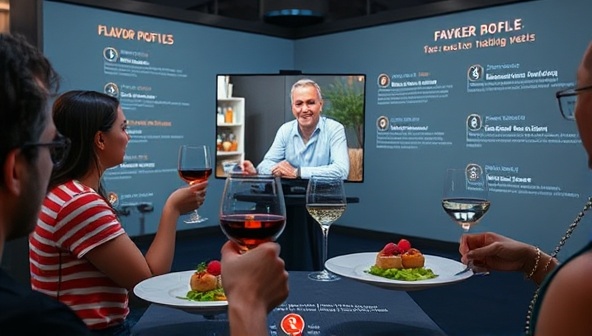 An immersive visual of a virtual food tasting event with participants holding tasting glasses and plates of gourmet bites, engaging with a food expert on a live stream, surrounded by digital flavor profiles and interactive tasting notes, creating a sensory-rich and interactive experience.