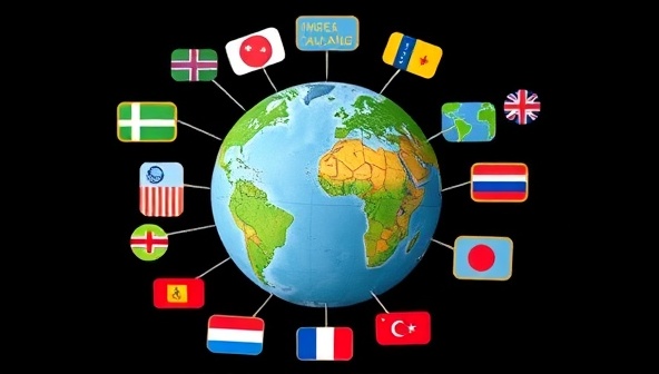 A digital globe surrounded by speech bubbles in different languages, symbolizing the global language exchange community of Globetrotter Lingua, with virtual travel stamps and flags representing diverse cultures and languages, fostering a sense of connection and learning through communication.