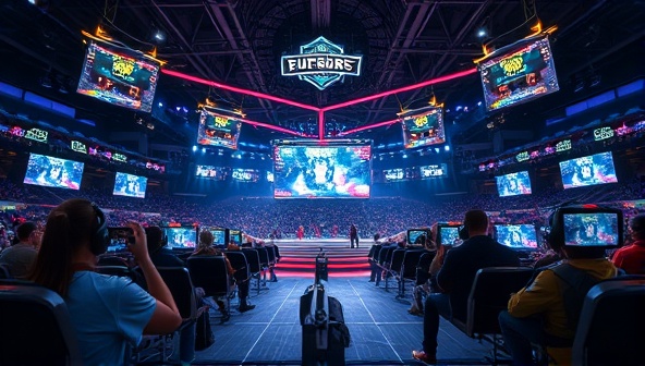 An energetic e-sports arena setting with virtual avatars of gamers competing in a tournament, surrounded by digital screens displaying live betting odds and statistics, capturing the dynamic and competitive spirit of e-sports betting.