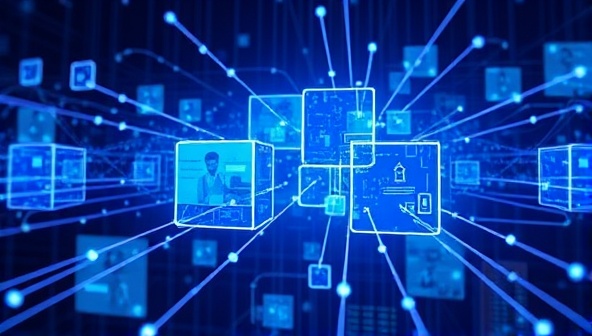 An innovative visual representation of interconnected digital blocks forming a virtual marketplace environment, symbolizing the secure and transparent transactions facilitated by blockchain technology on ChainDesign Hub.