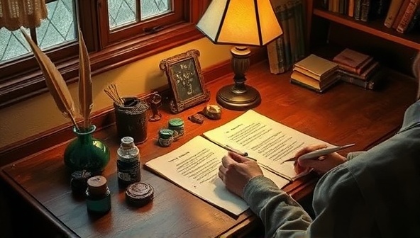 A cozy writing desk adorned with quill pens, ink bottles, and parchment paper, with a poet crafting a poem under the warm glow of a vintage lamp, evoking a nostalgic and artistic ambiance.