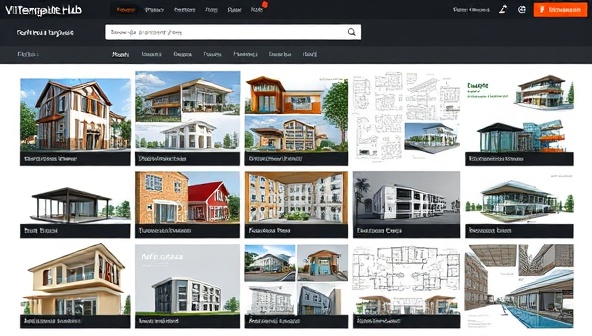 An online marketplace interface showcasing a range of architectural visualization templates, from detailed 3D renderings to schematic floor plans, displayed in a visually appealing and organized format, highlighting the versatility and convenience of VizTemplate Hub for design professionals seeking ready-to-use visual assets to enhance their project presentations and workflows.